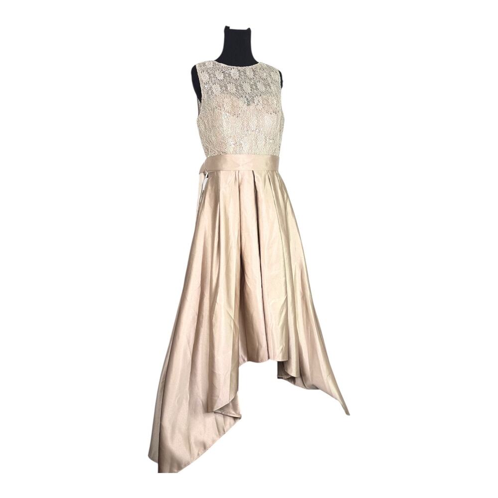 Champagne Sleeveless Dress Hi Low Lace Lined Boning Bow Pocket Sz 10 READ NWOT